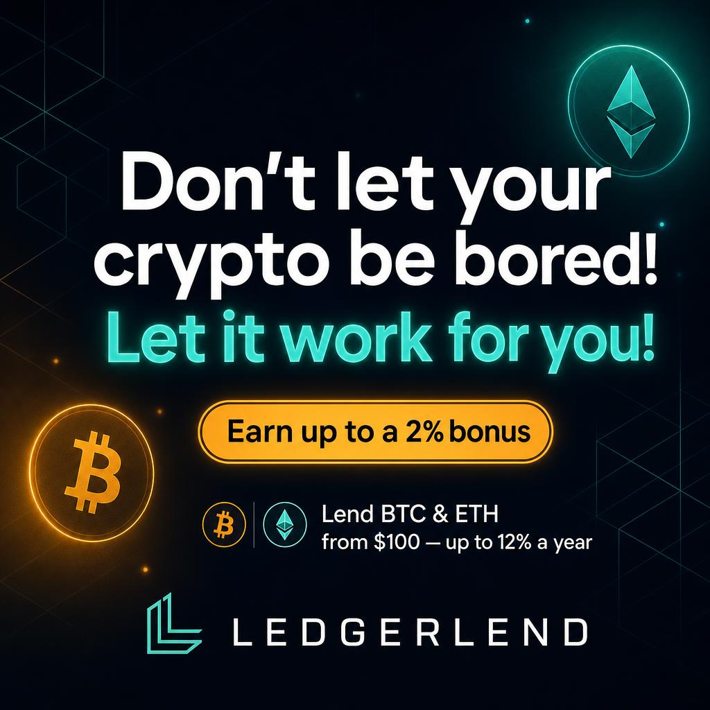 Ledgerlend social post: Don't let your crypto be bored! Let it work for you! Earn up to a 2% bonus.